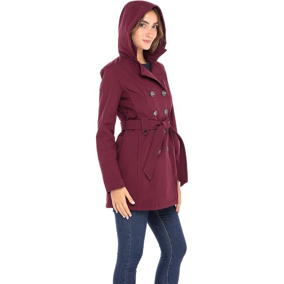💫 Women Red Shell Trench Coat Soft Comfortable Button-Off Warm Detachable Hood - Picture 4 of 6